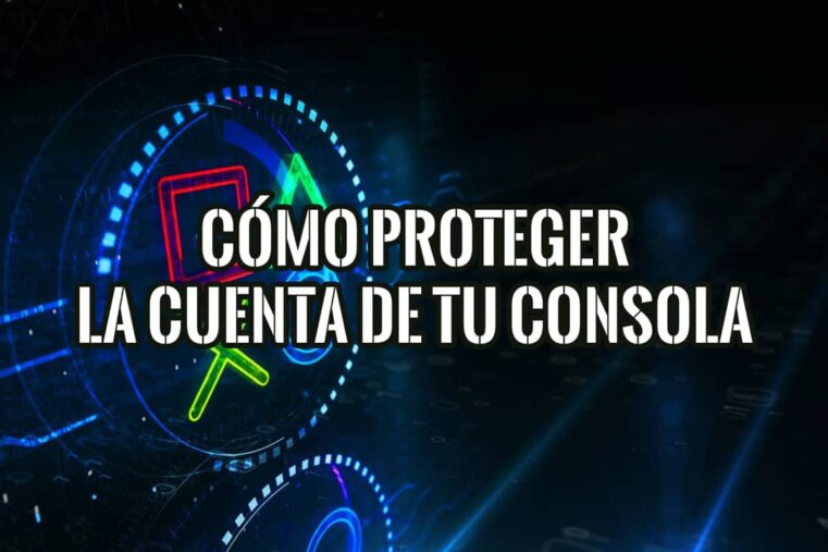 Símbolos de mando y fondo tecnológico ilustran cómo proteger la cuenta de tu consola