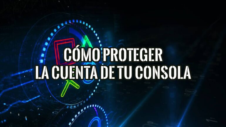 Símbolos de mando y fondo tecnológico ilustran cómo proteger la cuenta de tu consola