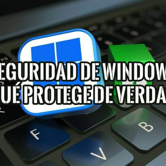 Logo de Windows 11 y un candado verde cerrado sobre el teclado de un portátil, junto al rótulo Seguridad de Windows