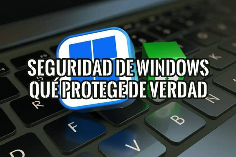 Logo de Windows 11 y un candado verde cerrado sobre el teclado de un portátil, junto al rótulo Seguridad de Windows