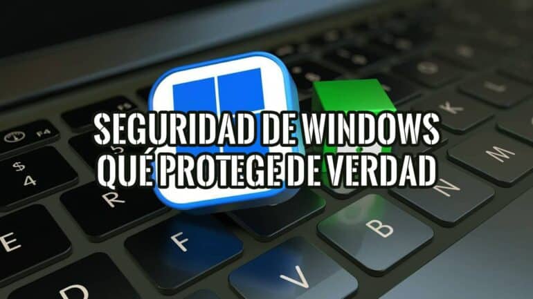 Logo de Windows 11 y un candado verde cerrado sobre el teclado de un portátil, junto al rótulo Seguridad de Windows