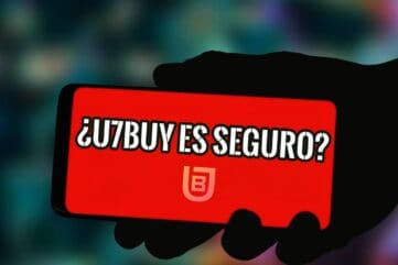 Mano sosteniendo un móvil con pantalla roja y la pregunta ¿U7BUY es seguro? junto al logotipo de U7BUY