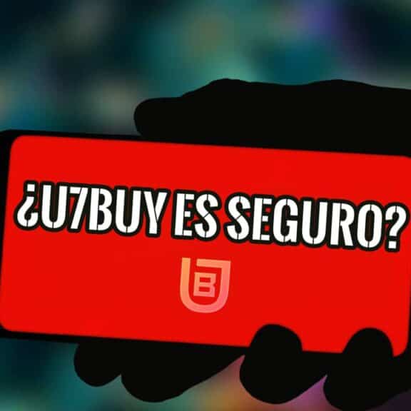 Mano sosteniendo un móvil con pantalla roja y la pregunta ¿U7BUY es seguro? junto al logotipo de U7BUY
