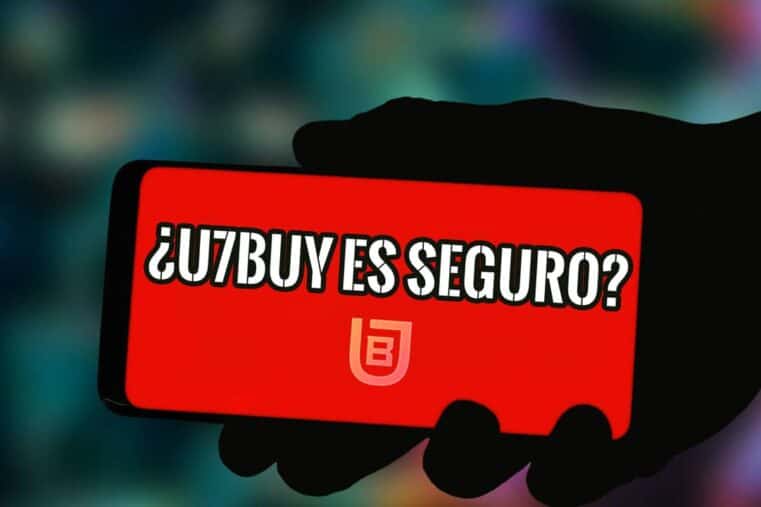 Mano sosteniendo un móvil con pantalla roja y la pregunta ¿U7BUY es seguro? junto al logotipo de U7BUY