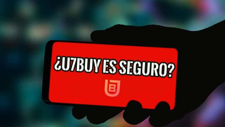 Mano sosteniendo un móvil con pantalla roja y la pregunta ¿U7BUY es seguro? junto al logotipo de U7BUY