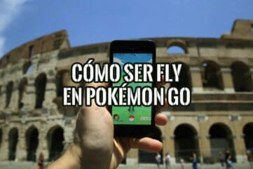Mano con un móvil jugando a Pokémon GO frente al Coliseo de Roma, con el texto «Cómo ser fly en Pokémon GO»