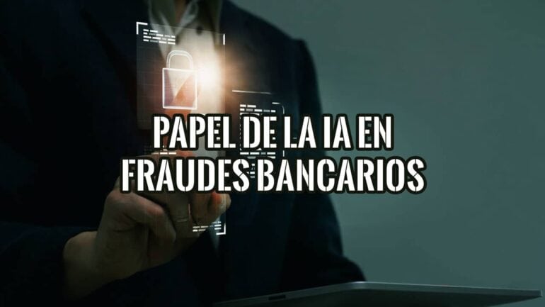 Mano que toca un candado holográfico sobre una interfaz digital, símbolo de la IA en la detección de fraudes bancarios