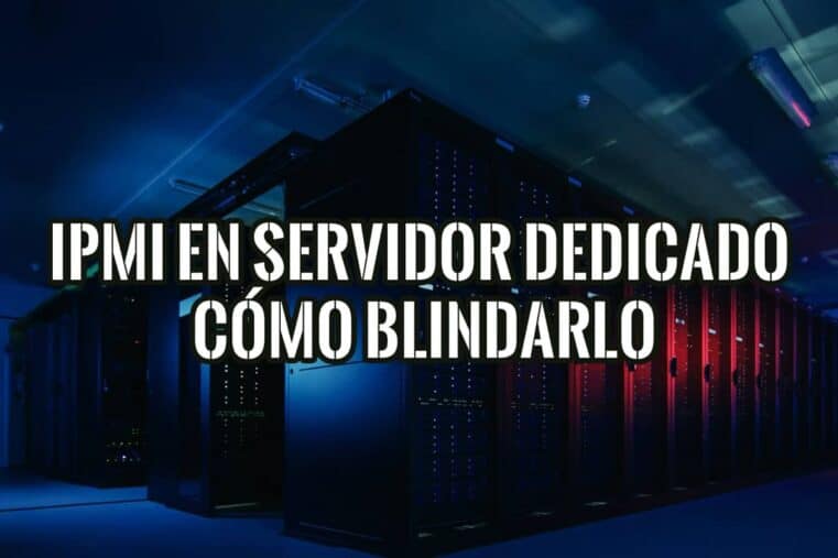Sala de servidores con racks iluminados y el texto IPMI en servidor dedicado: cómo blindarlo