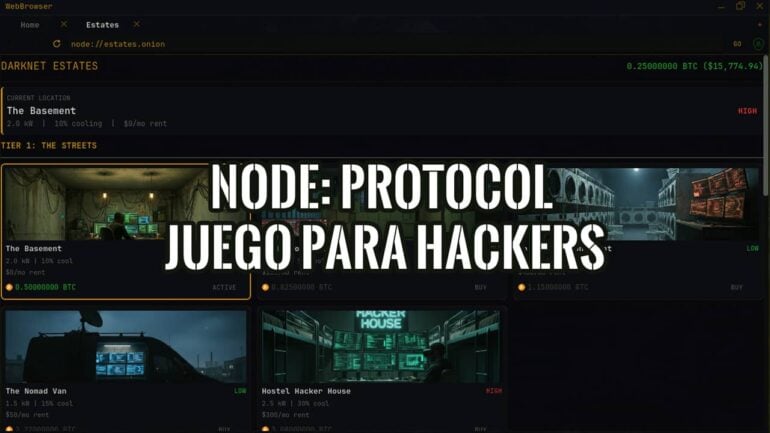 NODE: PROTOCOL, juego para hackers: la pantalla de refugios con sus precios en bitcoin