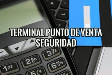 Terminal de punto de venta con teclado y una tarjeta de pago al lado, bajo el texto «Terminal punto de venta seguridad»