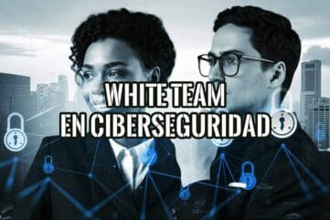 Dos profesionales ante una ciudad con candados en red y el texto White Team en ciberseguridad