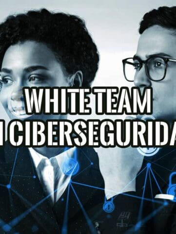 Dos profesionales ante una ciudad con candados en red y el texto White Team en ciberseguridad