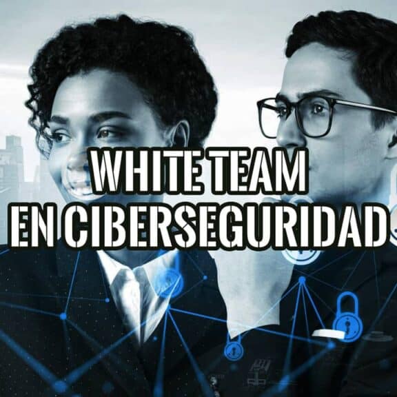 Dos profesionales ante una ciudad con candados en red y el texto White Team en ciberseguridad