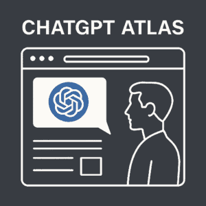 Minimalista, kék-fehér tónusú illusztráció a ChatGPT Atlas böngészőről, amelyben egy ember és egy AI-asszisztens kommunikál modern, letisztult felületen.