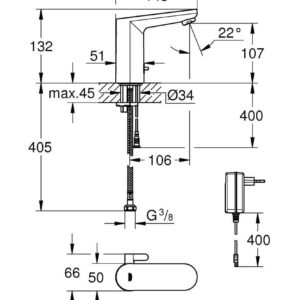 Grohe eurosmart cosmopolitan e infra red electronic basin mixer 1 2 with mixing device 36325002 (2) 60382 p