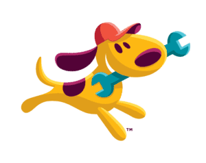 Illustration of a cheerful yellow dog in a red cap, playfully running with a blue wrench in its mouth—reflecting Fetch‑A‑Tech’s friendly, family-owned service and helpful spirit for homes throughout Las Vegas.