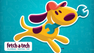 A cheerful cartoon dog wearing a red cap holds a blue wrench in its mouth, ready to help with your home needs. The Fetch‑A‑Tech Plumbing, Heating, Air logo appears in the corner, highlighting our honest, family-owned service for Las Vegas families—all set against a comforting blue background.