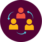 An illustration of three friendly human figures linked by arrows in a circle, symbolizing teamwork and open communication—reflecting Fetch‑A‑Tech’s helpful, family-owned service in Las Vegas. Set on a deep maroon background for a welcoming touch.