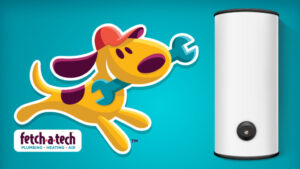 A cheerful cartoon dog holding a wrench stands beside a hot water heater, ready to help—symbolizing Fetch‑A‑Tech’s honest, family-owned plumbing, heating, and air services in Las Vegas. The Fetch‑A‑Tech logo is displayed in the corner against a welcoming blue background, reflecting our commitment to comfort and helpful service for your home.