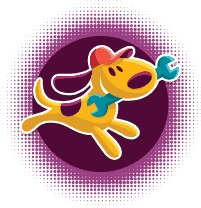 A friendly cartoon dog wearing a red cap runs with a blue wrench in its mouth, set against a purple circle. This playful mascot captures Fetch‑A‑Tech’s helpful, family-owned spirit proudly serving the Las Vegas community with comfort and honest service.