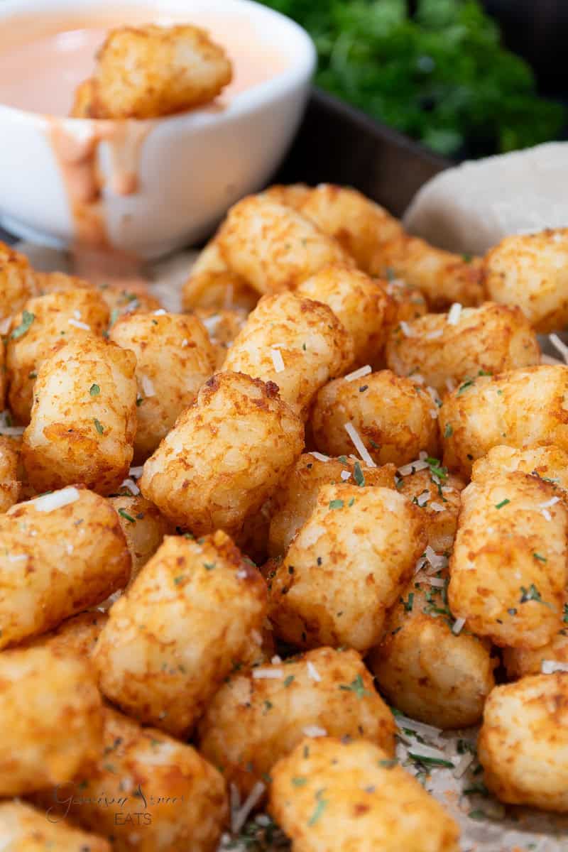 Close-up of a pile of crispy, golden tater tots made from frozen tater tots in a Ninja air fryer, garnished with herbs and grated cheese. A small white bowl of dipping sauce is in the background, partially out of focus. Fresh parsley is also visible in the background, adding a pop of green color.