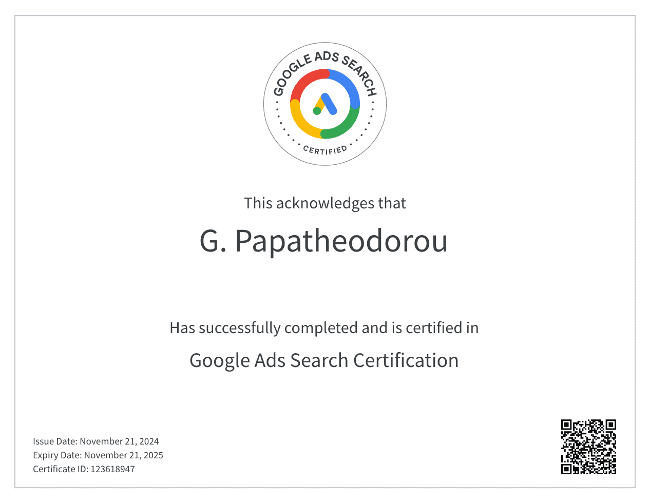 Google Ads Search Certification - G. Papatheodorou