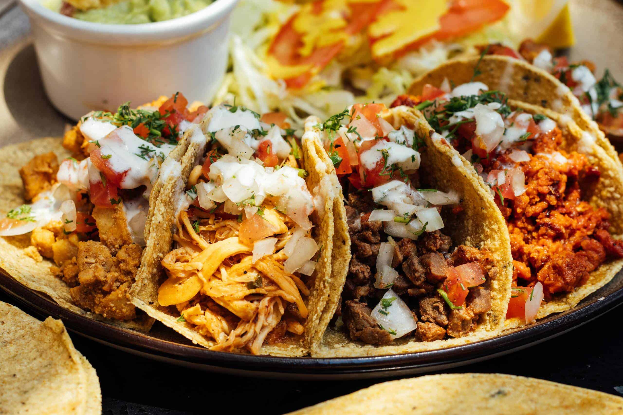 Close-up of assorted Mexican tacos with various fillings on a plate, perfect for food lovers.