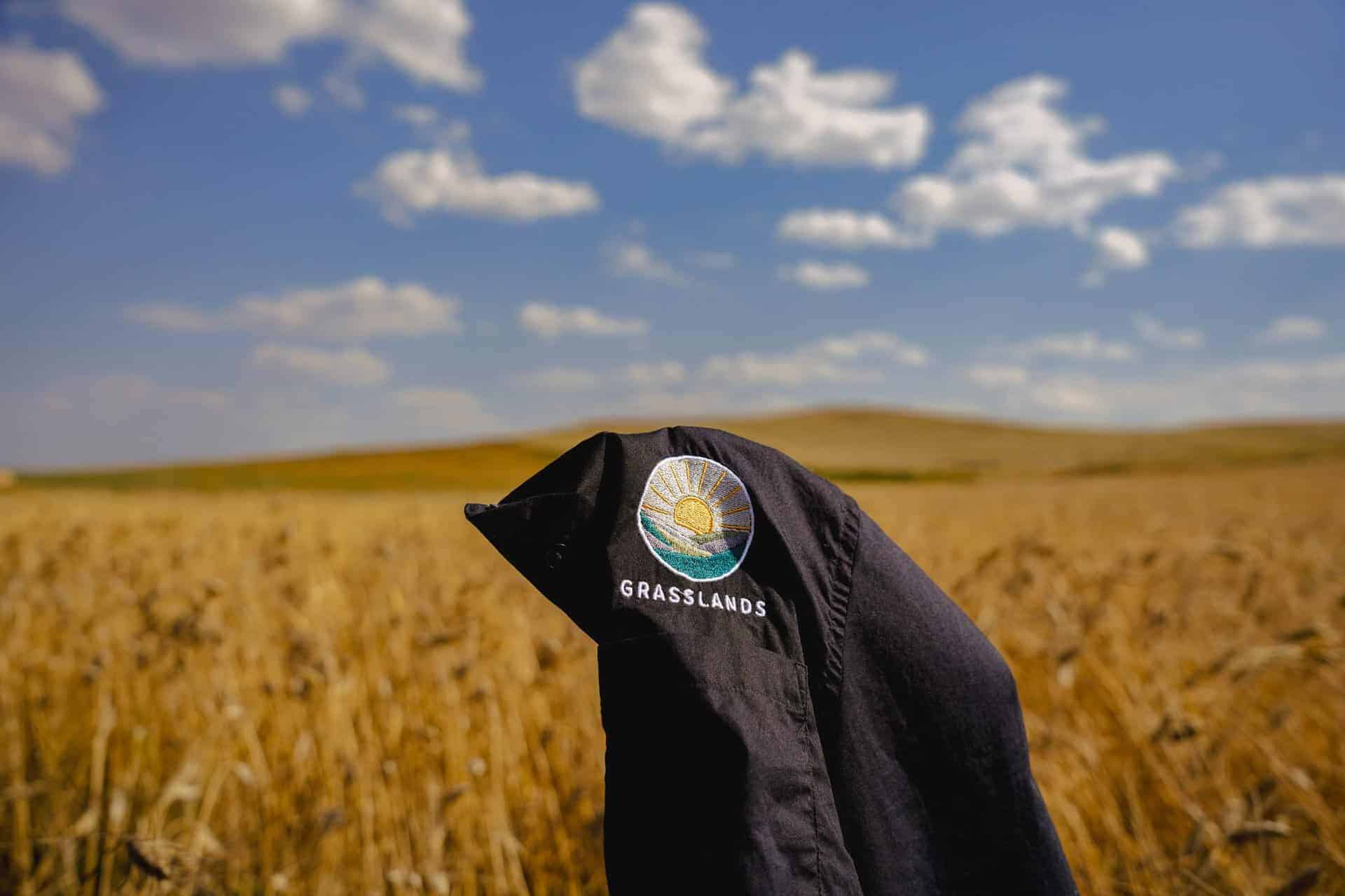 A field of wheat with the Grasslands logo in the foreground.