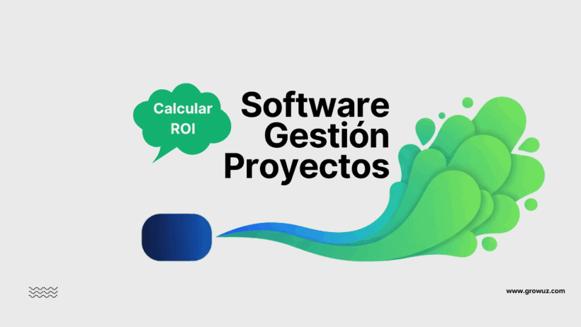 Guía visual sobre cómo calcular el ROI de un software de gestión de proyectos con iconos de análisis, código y calculadora.