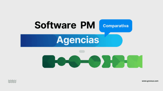 Banner que dice "Software PM Agencias Comparativa" con una línea de tiempo gráfica para ilustrar procesos de gestión.