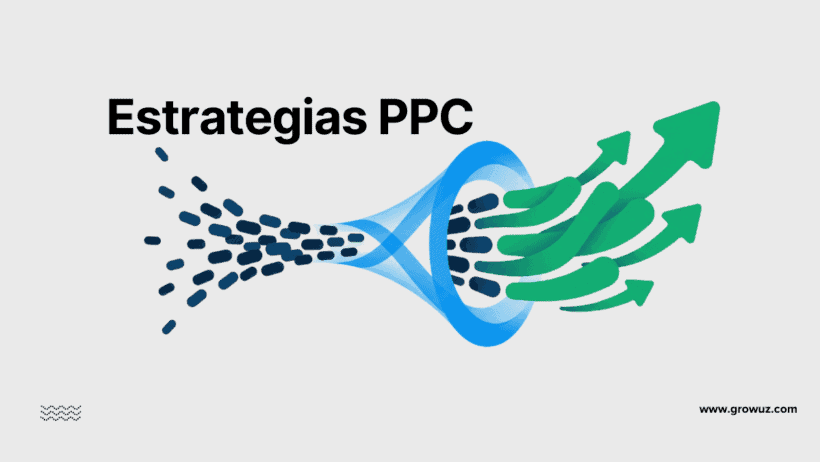 Gráfico de estrategias PPC mostrando un embudo que canaliza datos y genera flechas de crecimiento y rentabilidad.