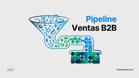 Ilustración de un embudo que procesa leads y los convierte en clientes a través de un pipeline de ventas B2B.