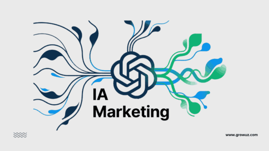 Ilustración sobre IA en marketing que muestra cómo transforma líneas de datos azules en resultados creativos verdes.