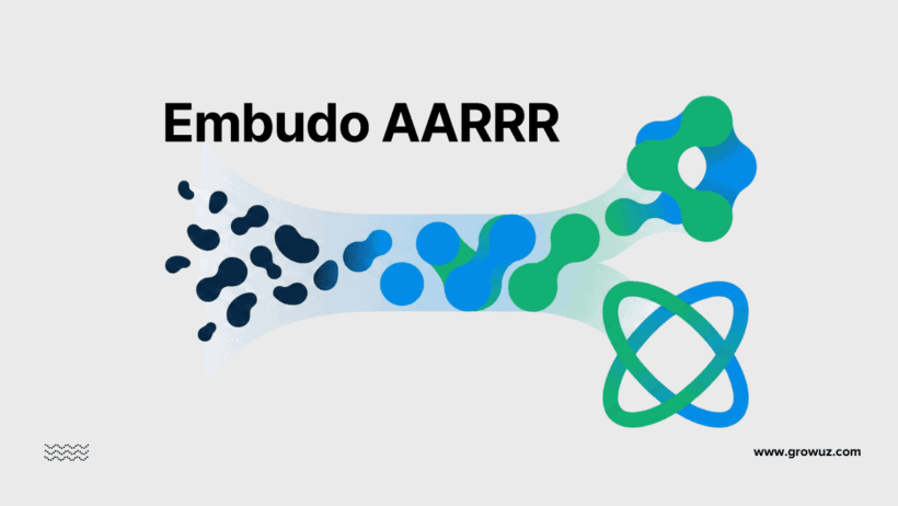 Ilustración conceptual del AARRR framework que muestra la transformación de usuarios (formas oscuras) en clientes (formas verdes y azules).