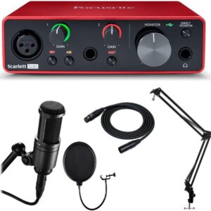 واجهة الصوت فوكاس رايت سكارليت أحادية من الجيل الثالث، ميكروفون بتقنية الصوت 2020، فلتر منبثق، حامل ذراع وكابل اكس ال ار