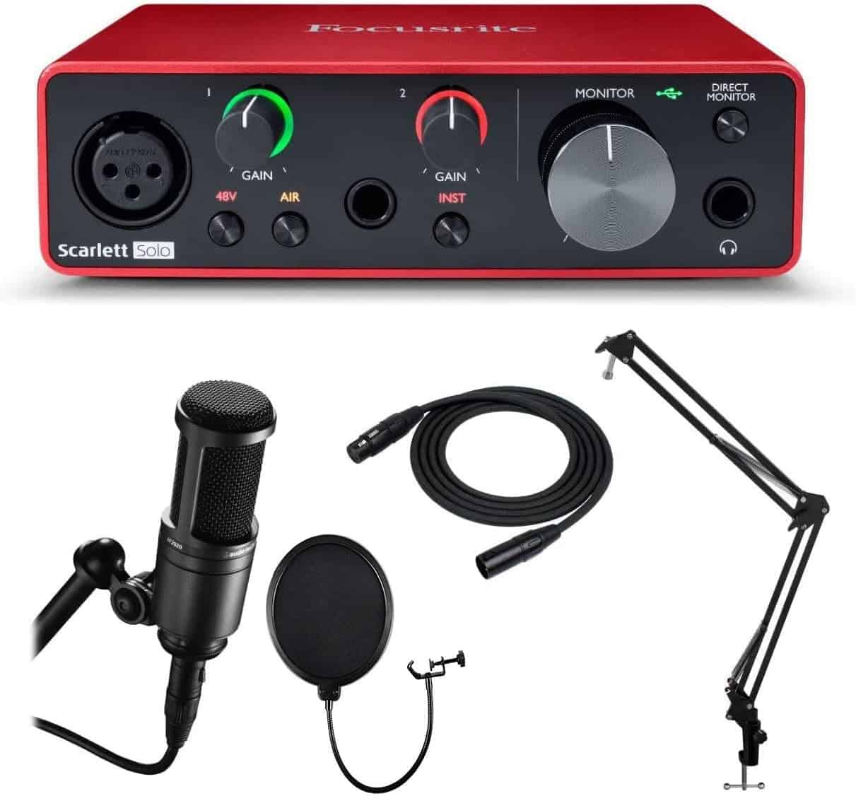 ⁦واجهة الصوت فوكاس رايت سكارليت أحادية من الجيل الثالث، ميكروفون بتقنية الصوت 2020، فلتر منبثق، حامل ذراع وكابل اكس ال ار⁩ - الصورة ⁦1⁩