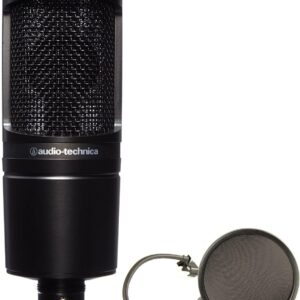 مجموعة ميكروفون ستوديو مكثف بنمط قطبي من اوديو تيكنيكا AT2020 مع فلتر بوب، XLR، أسود