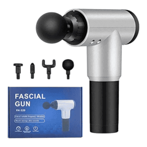 مسدس تدليك العضلات ، جهاز كهربائي محمول باليد لتدليك بعمق مع 4 رؤوس للتدليك قابلة للتعديل منخفض الصوت ملحقات اليوغا للياقة البدنية اللون: فضي