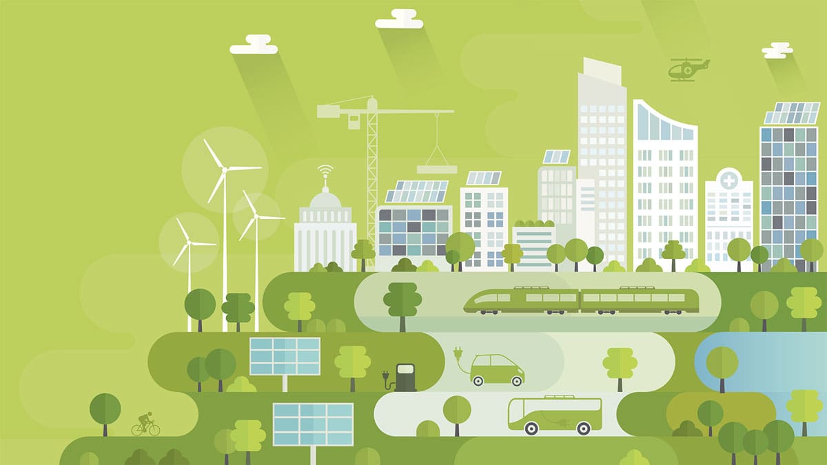 illustration of a city with solar panels wind turbines and electric cars