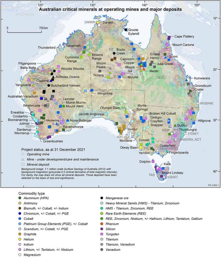 Map of australia with critical minerals mines marked