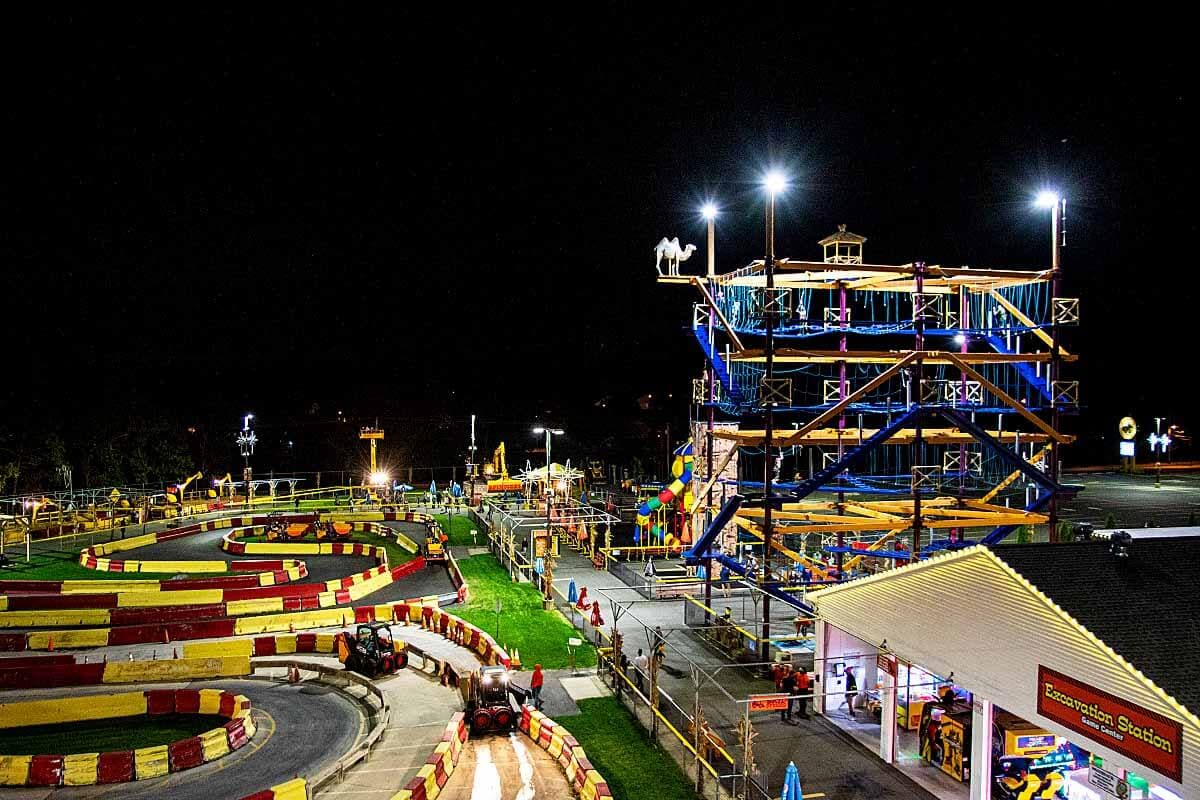 Evening shot of Diggerland USA during the Family Camp Out where families get exclusive park access.