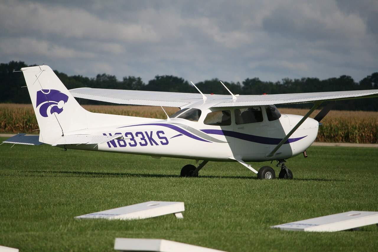 A purple and white plane on a field