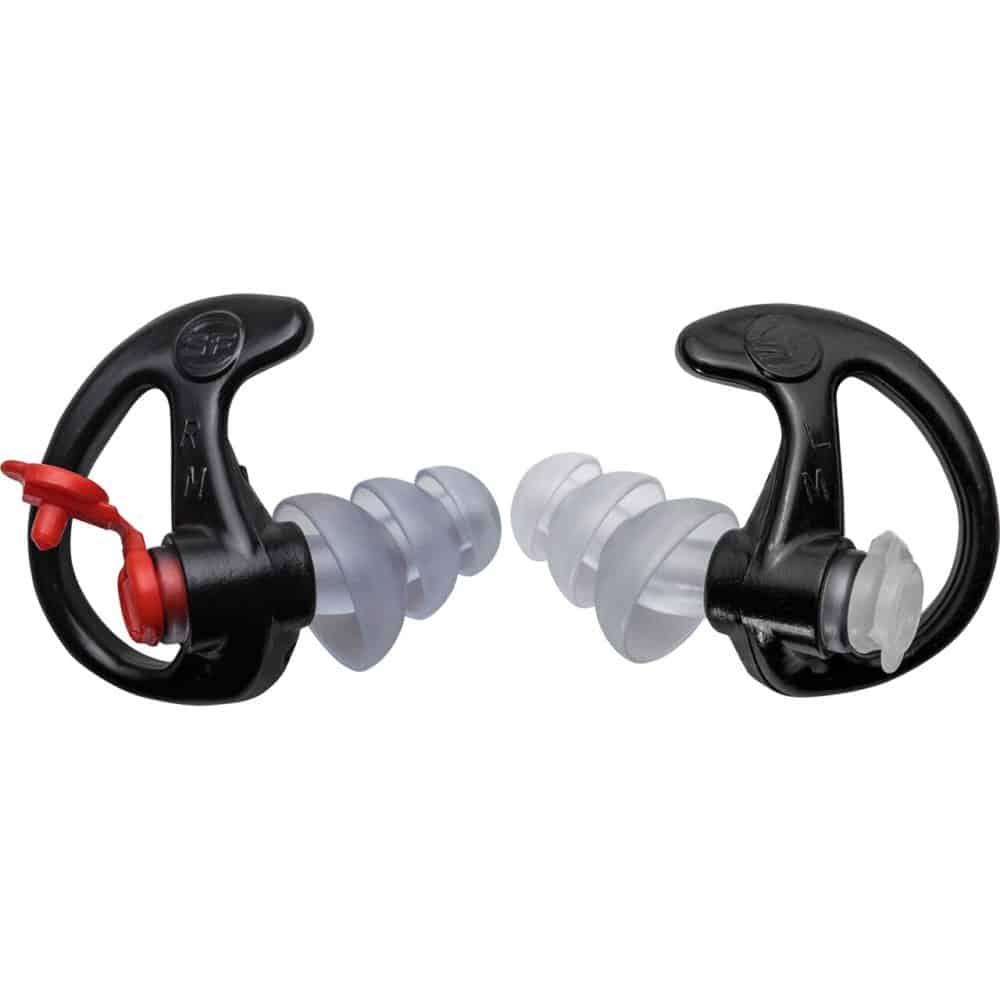 A pair of black earplugs with white tips