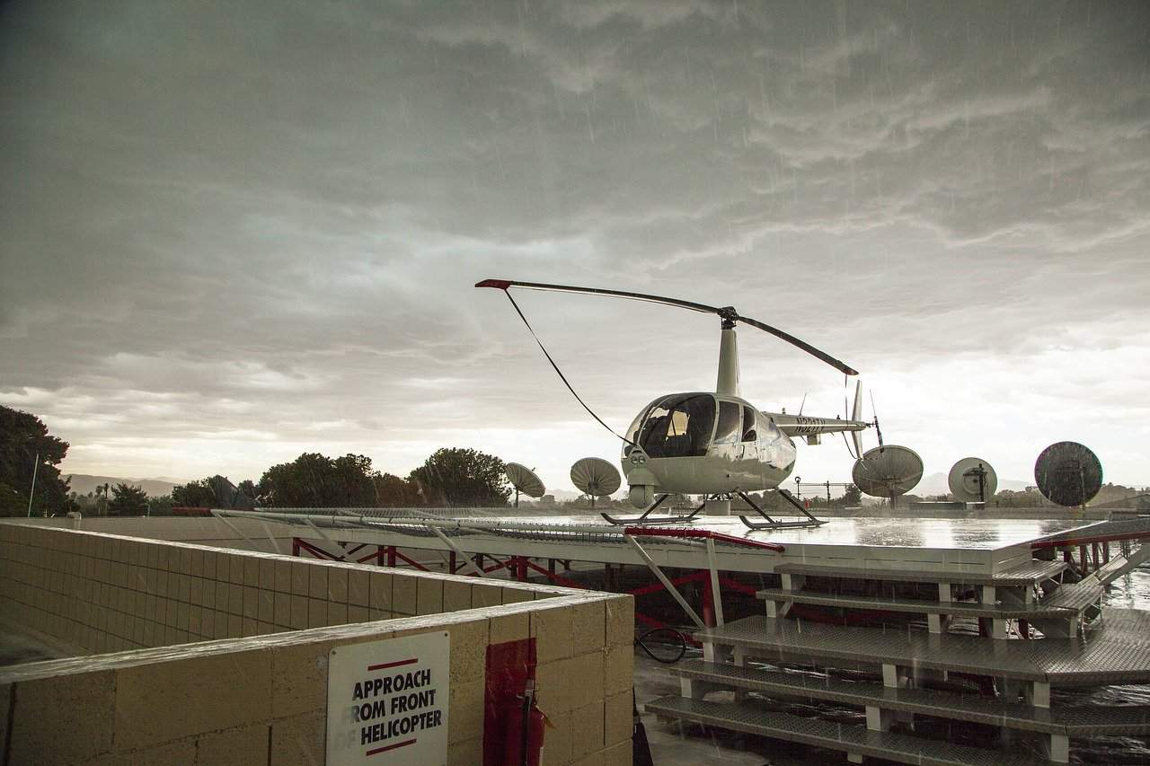 A helicopter grounded due to the rain