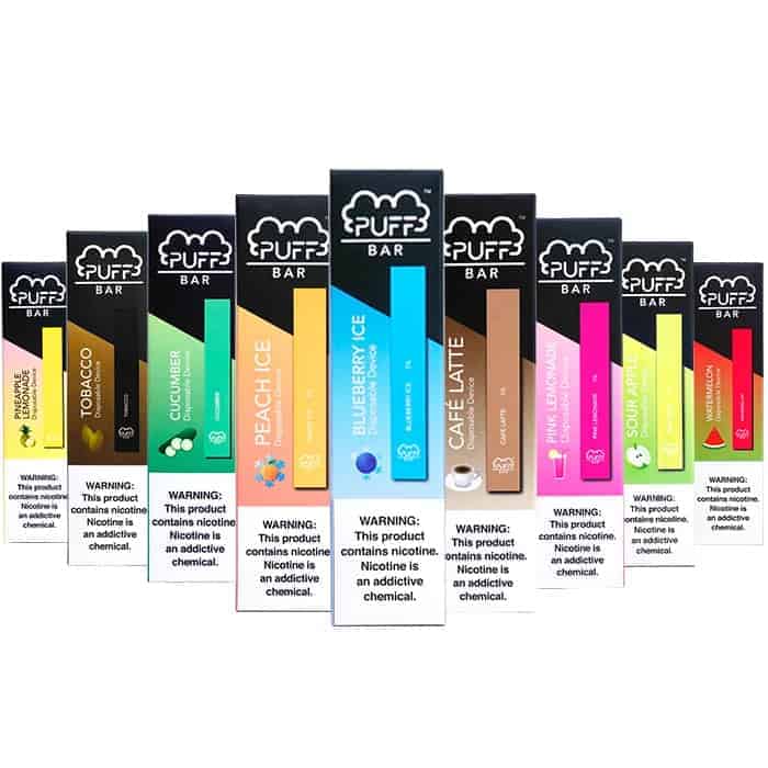 An assortment of puff bars in different flavors