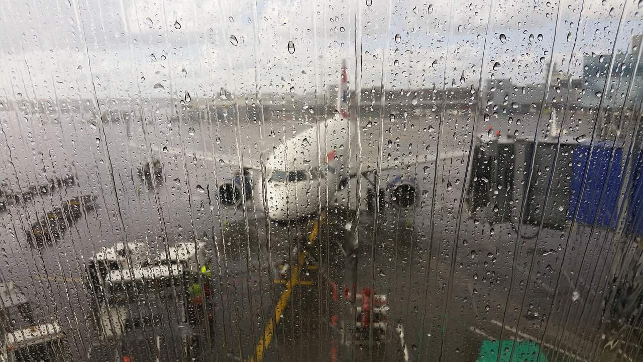 A plane grounded due to very heavy rain