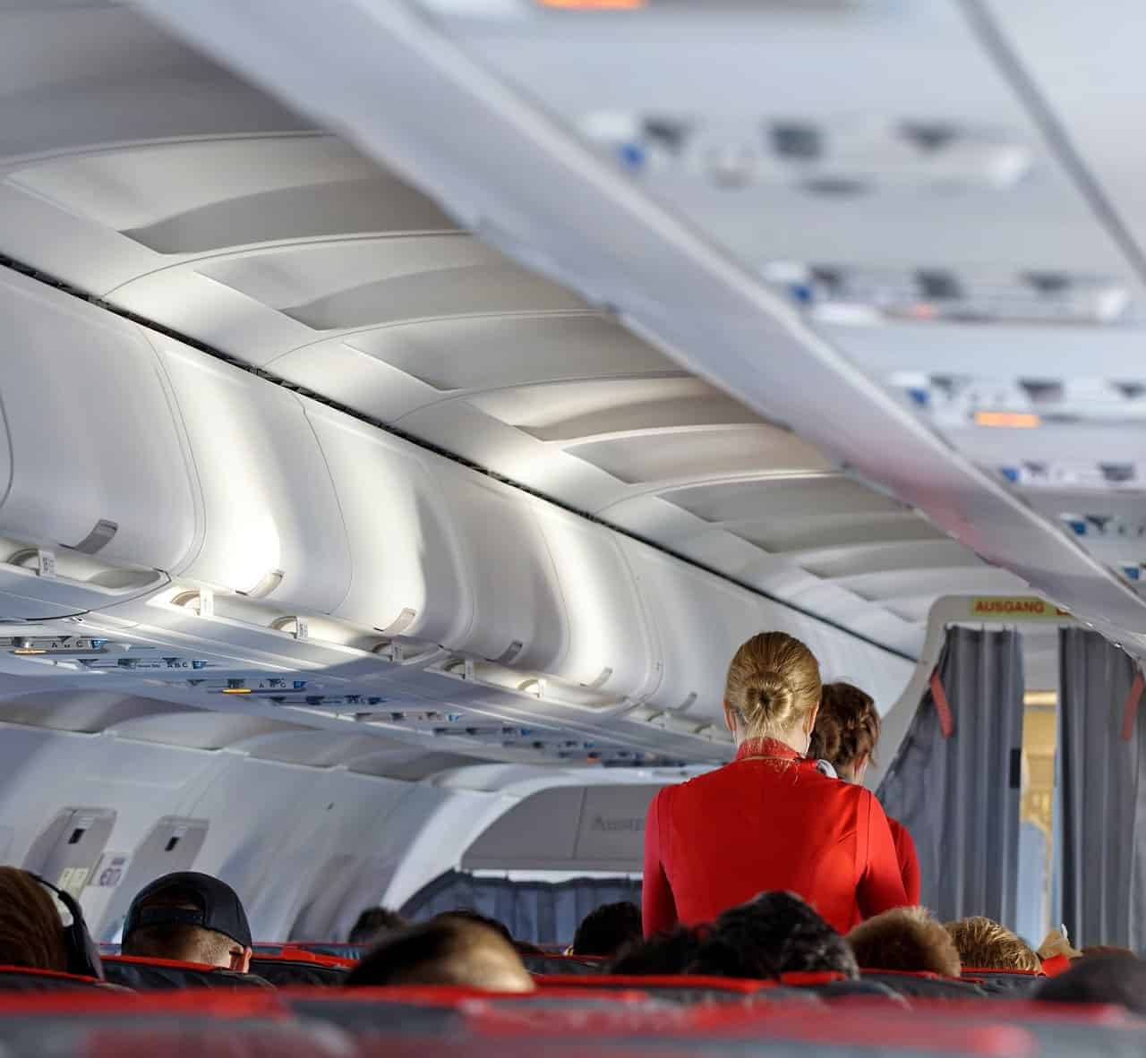 A flight attendant with her hair tied into a bun