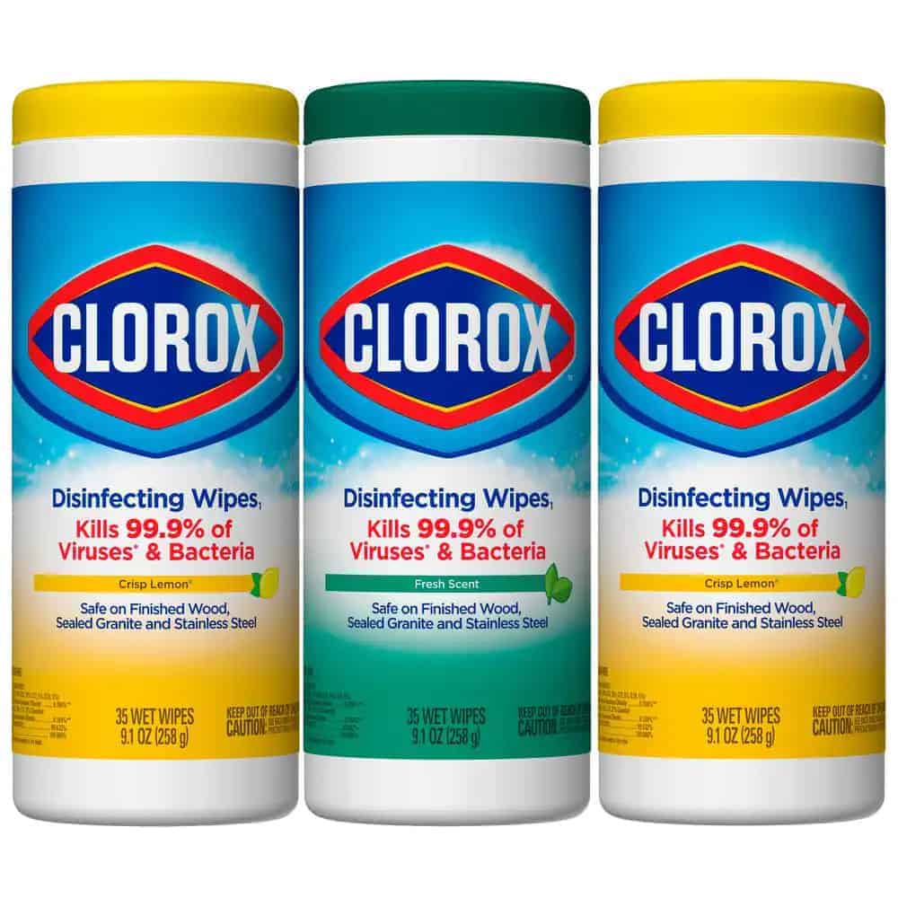 3 bottles of clorox wipes