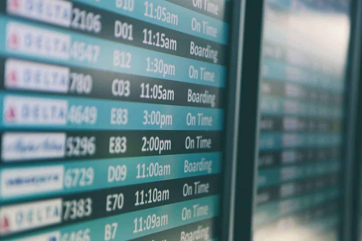A flight board showing scheduled flights