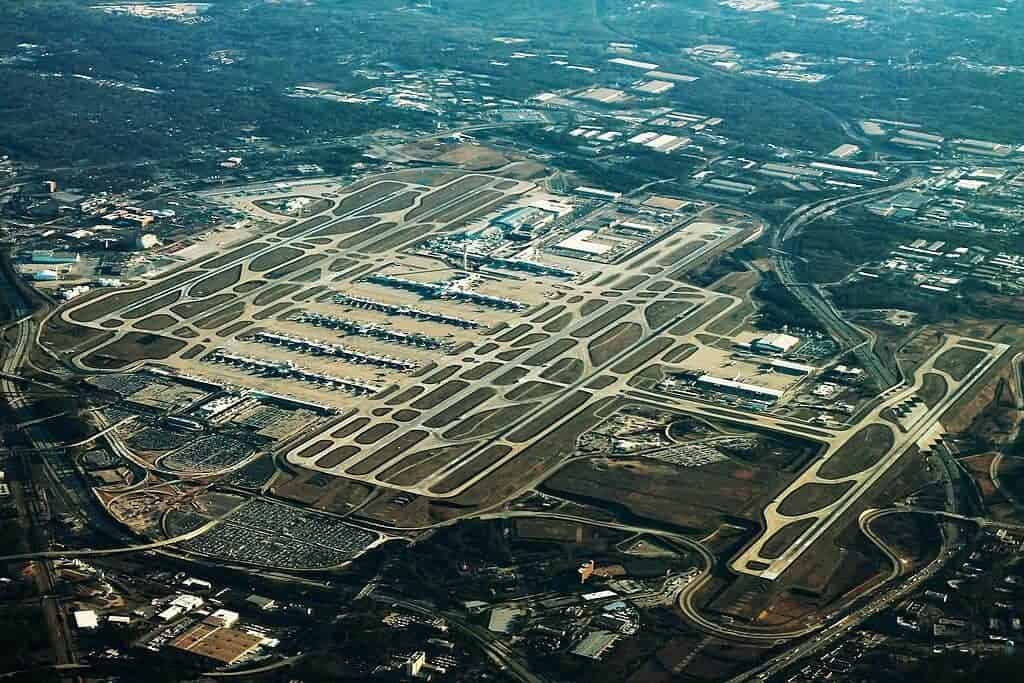 An aerial view of a very large airport